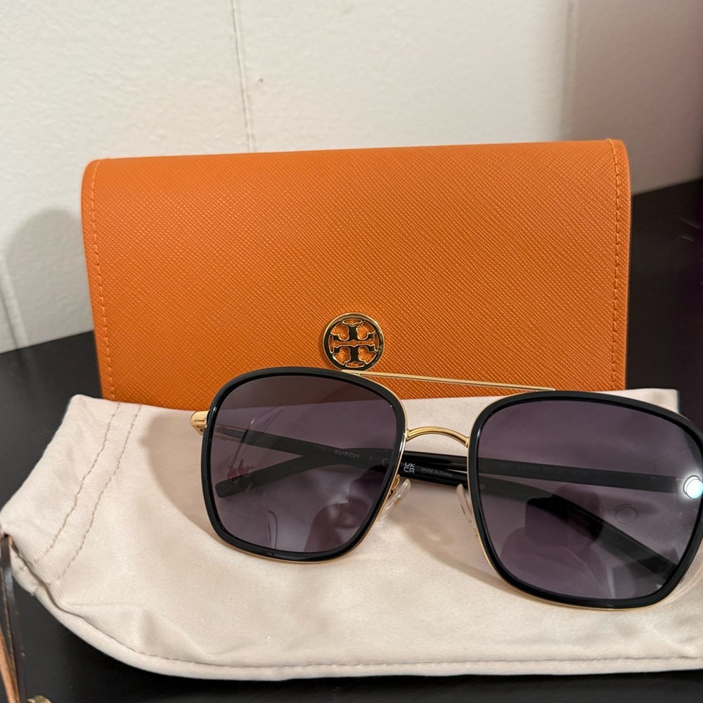Tory Burch Black and Gold Sunglasses with Orange Case